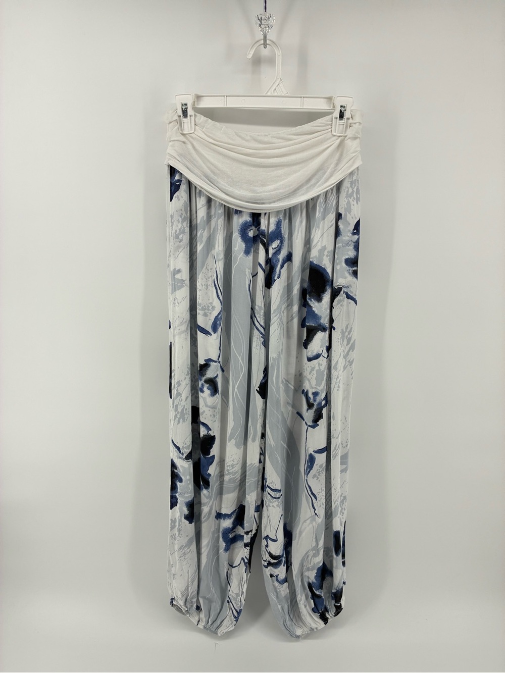 White & Blue Floral Pants with Draped Foldover Rawhem Waistband